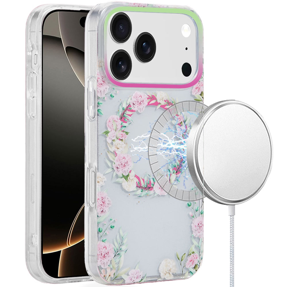iPhone 17 Pro Max Magnetic Circle Case – Green/Pink Floral - iPhone17accs