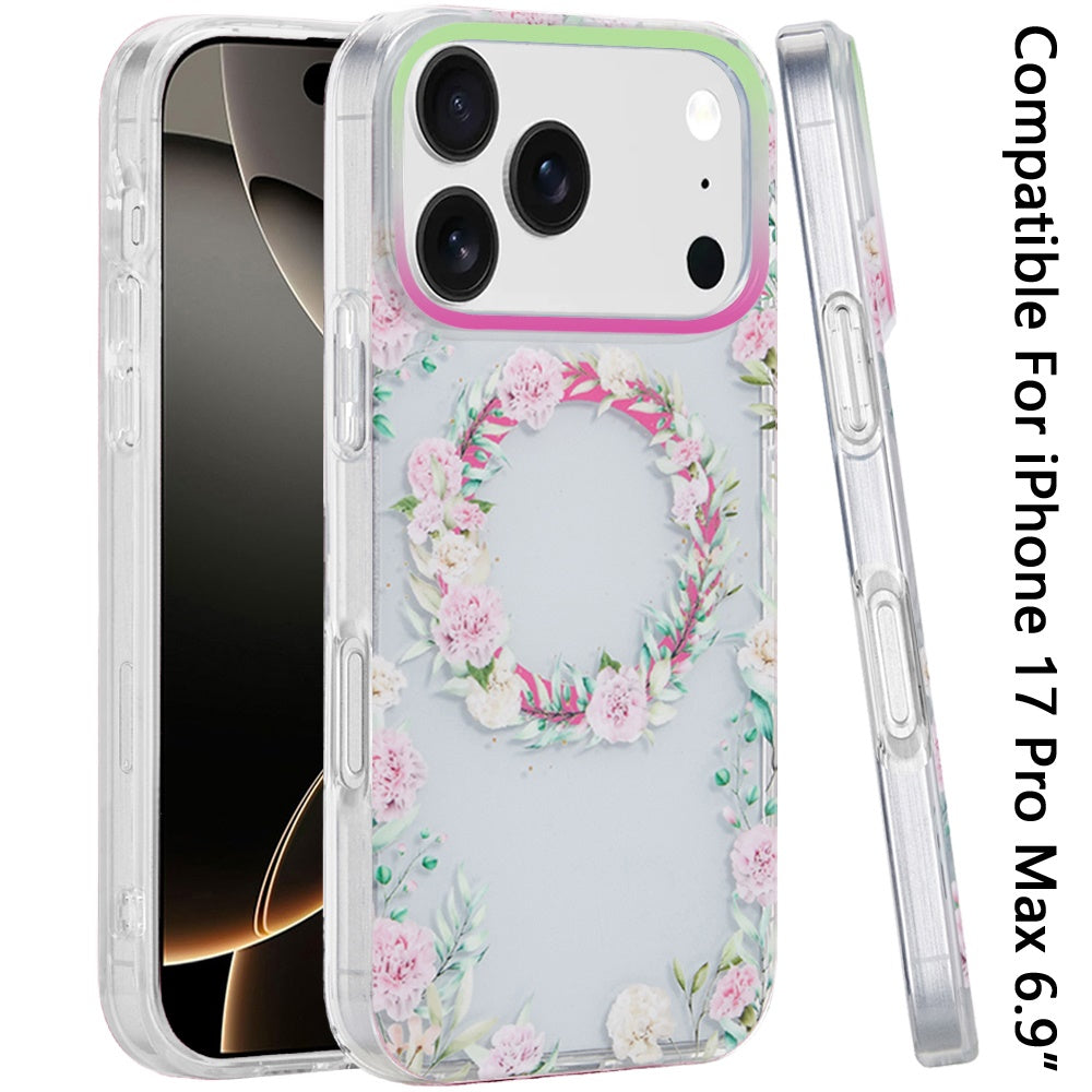 iPhone 17 Pro Max Magnetic Circle Case – Green/Pink Floral - iPhone17accs